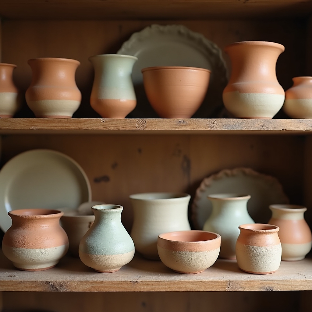 Gotowe naczynia ceramiczne po wypaleniu ustawione na półce w pracowni